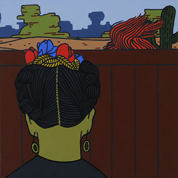 contemporary painting depicting two figures on either side of a fence with a desert landscape in the background. The woman in the foreground is shown from the back, looking toward the fence. She has green skin, and black hair that is put-up with flowers on top. The viewer can only see the red hair of the figure on the other side of the fence which is sticking up.